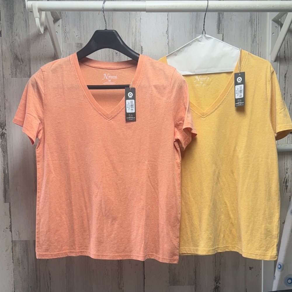 NWT- 2 Natural Reflections shirts- Women's V-Neck Tops - Peach and Yellow
